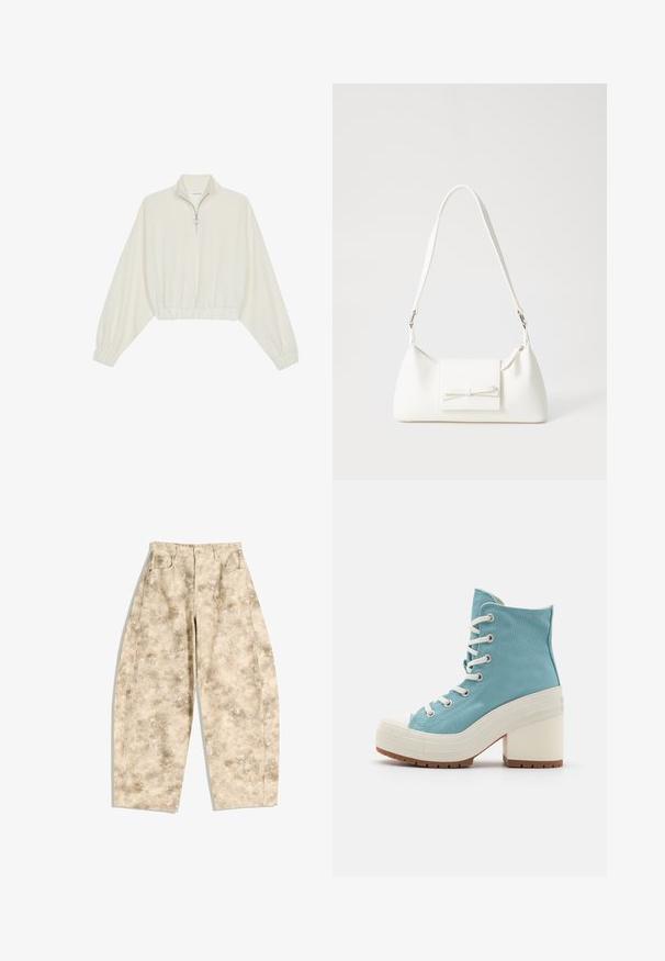 Pulover scurt din stofă crem, cu guler înalt, închidere cu fermoar pe jumătate, elastic la margini și la manșete, cu o textură netedă și un design minimalist.; Pantaloni largi cu imprimare bej și maro, cu talie înaltă, având două buzunare frontale și închidere cu nasture. Material texturat.; Tenisi înalți din pânză de culoare albastră deschisă, cu șireturi albe, vârf din cauciuc și toc alb masiv. Talpă texturată pentru aderență.; Geantă sintetică albă, cu formă triangulară, capac frontal plat și detaliu cu fundă, curea ajustabilă, textură netedă și design minimalist.