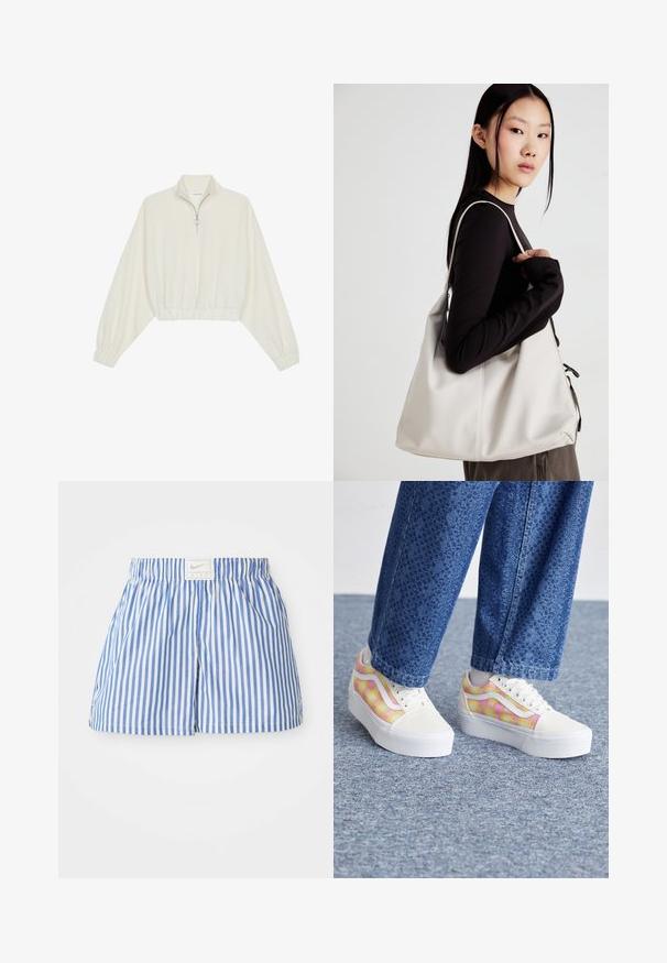 Geknipt pullover in crèmekleurige stof, met een hoge kraag, halve rits, elastische zoom en manchetten, met een soepele textuur en minimalistisch ontwerp.; Blauwe en witte gestreepte shorts met een elastische tailleband en een label met het Nike-logo. Gemaakt van lichtgewicht stof met een zachte textuur.; Platform sneakers met een witte canvas teen, een kleurrijk geruit patroon in roze en geel, en witte rubberen zolen. Textured denim broek.; Beige handtas gemaakt van zacht materiaal, met een slonzig ontwerp, gestikte details en twee schouderbanden. Geschikt voor dagelijks gebruik.