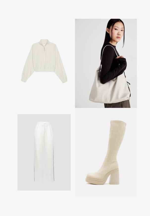 Pulover scurt din stofă crem, cu guler înalt, închidere cu fermoar pe jumătate, elastic la margini și la manșete, cu o textură netedă și un design minimalist.; Pantaloni de trening albi, fabricați dintr-un material moale, cu o talie cu șnur și dungi negre pe laterale, având o croială largă și lejeră.; Even&Odd Cizme cu toc - off-white; Geantă bej din material moale, cu un design lejer, detalii cusute și două bretele pentru umăr. Potrivită pentru utilizarea zilnică.