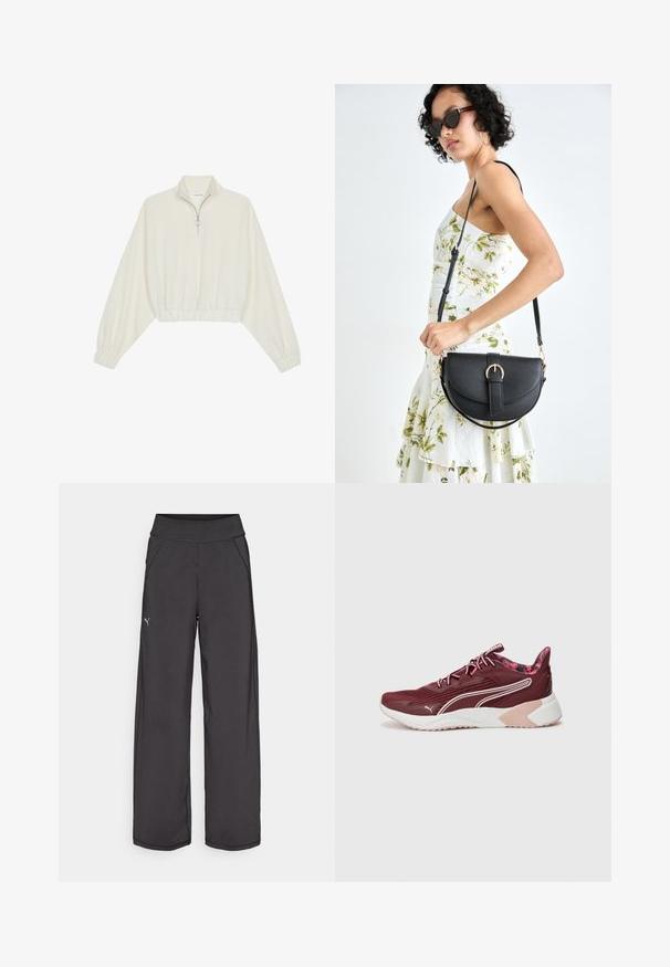 Gerippter Pullover aus cremefarbener Baumwolle mit hohem Kragen, halbem Reißverschluss, elastischen Säumen und Bündchen, glatter Textur und minimalistischem Design.; Schwarze Sporthose mit einem breiten Bund, Seitentaschen und flachen Nähten. Mit einem kleinen Logo am linken Bein. Hergestellt aus glattem, dehnbarem Stoff.; Maronfarbene Sportschuhe mit strukturiertem Obermaterial, weißen Akzenten und rosa Laufsohle. Verfügt über eine gepolsterte Sohle und ein gemustertes Innenfutter.; Schwarze Lederhandtasche mit geschwungener Form, abnehmbarem Tragegurt und goldenen Beschlägen. Die Tasche verfügt über einen Deckel mit einer Schnallen-Details.