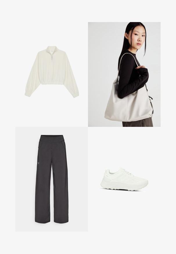 Lyhyt kerrosvaate vaaleasta kankaasta, jossa on korkea kaulus, puolivetoketjukiinnitys, joustavat helma ja hihansuut, tasainen pinta ja minimalistinen muotoilu.; Musta urheiluhousut, joissa on leveä vyötärönauha, sivutaskut ja litteät saumat. Vasemmassa jalassa on pieni logo. Valmistettu sileästä, joustavasta kankaasta.; Valkoinen urheilukenkä, jossa on tekstuuroitu yläosa ja verkkopaneelit, nauhakiinnitys, pehmustettu pohja ja hillitty brändäys kannassa.; Beige laukku, joka on valmistettu pehmeästä materiaalista, ja siinä on rento muotoilu, ommeltu yksityiskohtia ja kaksi olkahihnaa. Sopii päivittäiseen käyttöön.