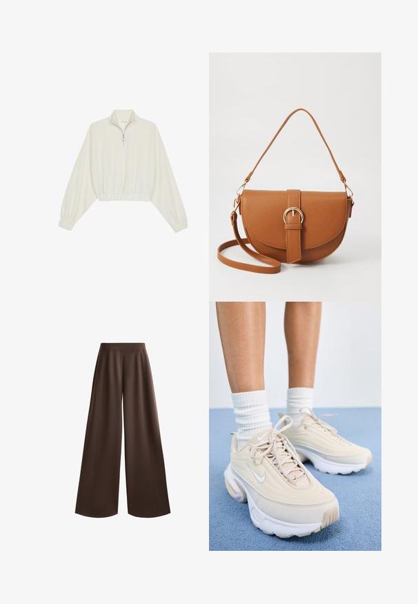 Cropped pullover in cream fabric, featuring a high collar, half-zip closure, elasticated hem and cuffs, with a smooth texture and minimal design.; Wide-leg trousers in a solid dark brown color, featuring a smooth texture, high waist, and front pleats for added design detail.; Beige athletic shoes with a textured upper, white laces, and a thick white sole. The design features subtle curves and a small logo.; Brown leather crossbody bag with a curved shape, gold hardware, and a buckle accent. Features a detachable shoulder strap.