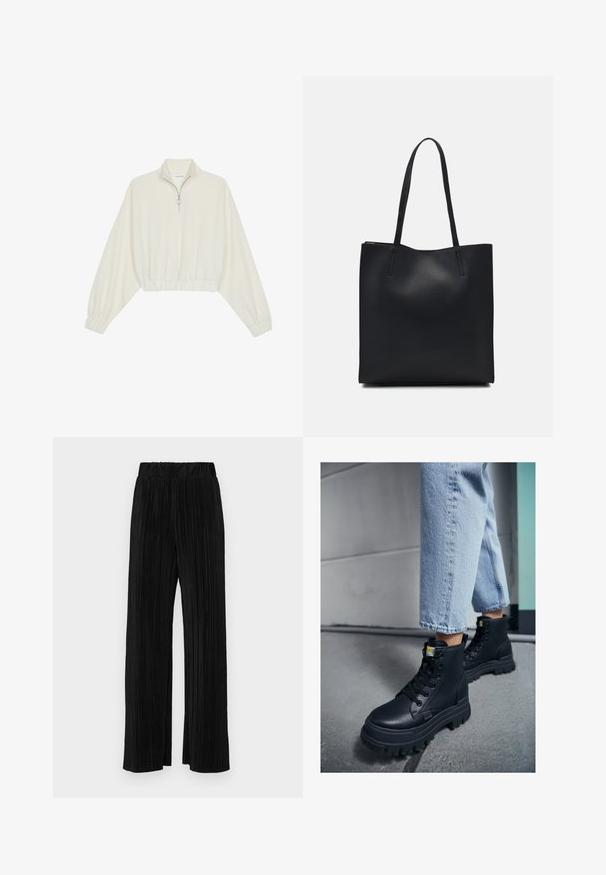Geknipt pullover in crèmekleurige stof, met een hoge kraag, halve rits, elastische zoom en manchetten, met een soepele textuur en minimalistisch ontwerp.; Zwarte geplooide broek met een elastische tailleband. Beschikt over wijde pijpen en een glad, gestructureerd stof met verticale strepen.; Zwarte hoge laarzen van leer met een gestructureerde afwerking, dikke rubberen zool en zwarte veters, gecombineerd met lichtblauwe cuffed spijkerbroek.; Zwarte leren handtas met een gladde textuur, rechthoekige vorm en twee lange handvaten. Geen zichtbare hardware of versieringen.
