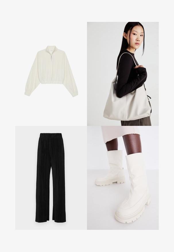 Kreemfarbenest lühikese varrukaga kudum, millel on kõrge kaelus, pool tõmblukk, elastne allosa ja varrukad, sile tekstuur ja minimaalne disain.; Mustad pleekitud püksid elastse vöökohtaga. Omavad laiad jalad ja sujuvat, tekstureeritud kangast vertikaalsete triipudega.; Valged pahkluu saapad pehme ja tekstuuriga viimistlusega, millel on tüse kummist konts ja skulpturaalne kuju modernseks disainiks.; Bež käekott pehme materjali, millel on lõtv disain, õmblustega detailid ja kaks õlarihma. Sobib igapäevaseks kasutamiseks.