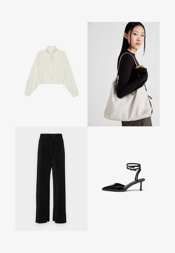 Krém színű, rövidített pulóver, magas gallérral, félig cipzáros záródással, elasztikus derék- és ujjakrésszel, sima textúrával és minimalista dizájnnal.; Fekete pliszírozott nadrág gumis derekkal. Széles lábakkal rendelkezik, sima, texturált anyagból készült, függőleges csíkokkal.; Fekete bőr, magas sarkú cipő, hegyes orral és bokapánttal. Elegáns dizájnja van, és karcsú, 5 cm-es sarka. Sima felület.; Puha anyagból készült bézs kézitáska, laza dizájnnal, varrott részletekkel és két vállpánttal. Mindennapi használatra alkalmas.