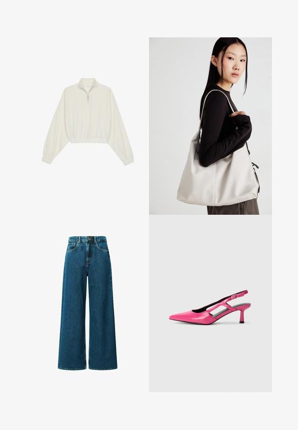 Gerippter Pullover aus cremefarbener Baumwolle mit hohem Kragen, halbem Reißverschluss, elastischen Säumen und Bündchen, glatter Textur und minimalistischem Design.; Hochgeschnittene, weit geschnittene Jeans aus tiefblauem Denim. Verfügt über fünf Taschen, Gürtelschlaufen und sichtbare Nähte entlang der Nähte.; Rosa Leder Slingback-Pumpe mit spitzem Zehenbereich, Ausschnittdetails und niedrigem Absatz. Glatte Textur und verstellbarer Schnallenverschluss.; Beige Handtasche aus weichem Material, mit einem lässigen Design, gesteppten Details und zwei Schulterriemen. Geeignet für den täglichen Gebrauch.