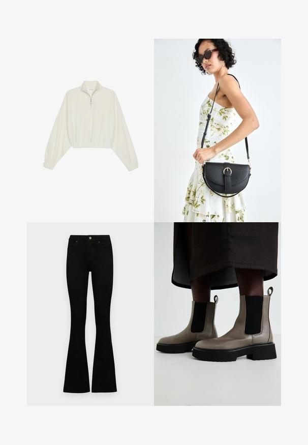 Kreminės spalvos trumpas megztinis, turintis aukštą apykaklę, pusiau užtrauktuką, elastinį apačią irRankovių kraštus, su lygiu paviršiumi ir minimalizuotu dizainu.; Juodos aukšto liemens džinsai su mygtuku ir užtrauktuku, priekinėmis kišenėmis ir platėjančiomis kojomis, išdėstyti ant baltos fono.; Pilkas kulkšninis batus, pagamintus iš tekstūruotos odos, su elastingomis šoninėmis panelėmis ir masyviu juodu padu. Yra užtrauktukai, skirti lengvam vilkimo procesui.; Juodas odinis krepšys su išlenkta forma, nuimamu dirželiu ir auksiniais detalėmis. Krepšys turi kilpą su sagtimi.