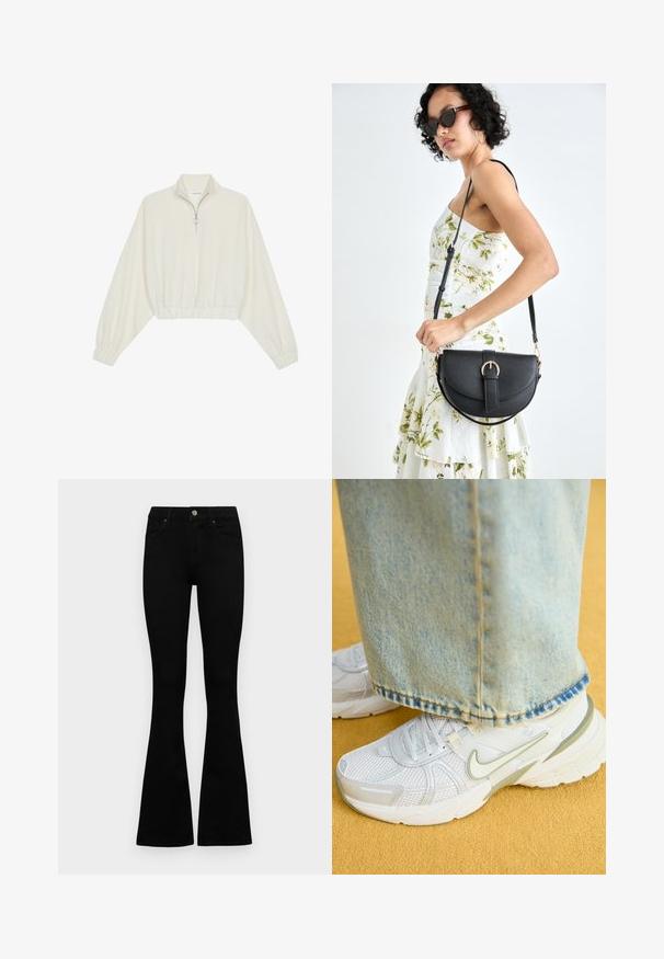 Kreminės spalvos trumpas megztinis, turintis aukštą apykaklę, pusiau užtrauktuką, elastinį apačią irRankovių kraštus, su lygiu paviršiumi ir minimalizuotu dizainu.; Juodos aukšto liemens džinsai su mygtuku ir užtrauktuku, priekinėmis kišenėmis ir platėjančiomis kojomis, išdėstyti ant baltos fono.; Balti sportiniai sneakeriai su tinklelio viršumi, žaliais akcentais, tekstūruotu padu, derinami su šviesiai mėlynomis džinsinio audinio kelnėmis, kurios turi nusidėvėjusią kraštą.; Juodas odinis krepšys su išlenkta forma, nuimamu dirželiu ir auksiniais detalėmis. Krepšys turi kilpą su sagtimi.