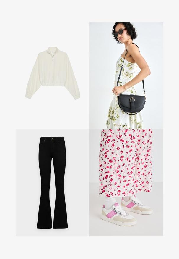 Geknipt pullover in crèmekleurige stof, met een hoge kraag, halve rits, elastische zoom en manchetten, met een soepele textuur en minimalistisch ontwerp.; Zwarte hoge taille jeans met een knoop- en ritssluiting, voorzakken en een flared pijp, plat gelegd op een witte achtergrond.; Witte en roze sneakers met een grijs suède accent, voorzien van een glanzend veter en een roze zijpaneel, gecombineerd met een lange plooirok met bloemenprint.; Zwarte leren handtas met een gebogen vorm, afneembare schouderband en gouden hardware. De tas heeft een klep met een gespsluiting.