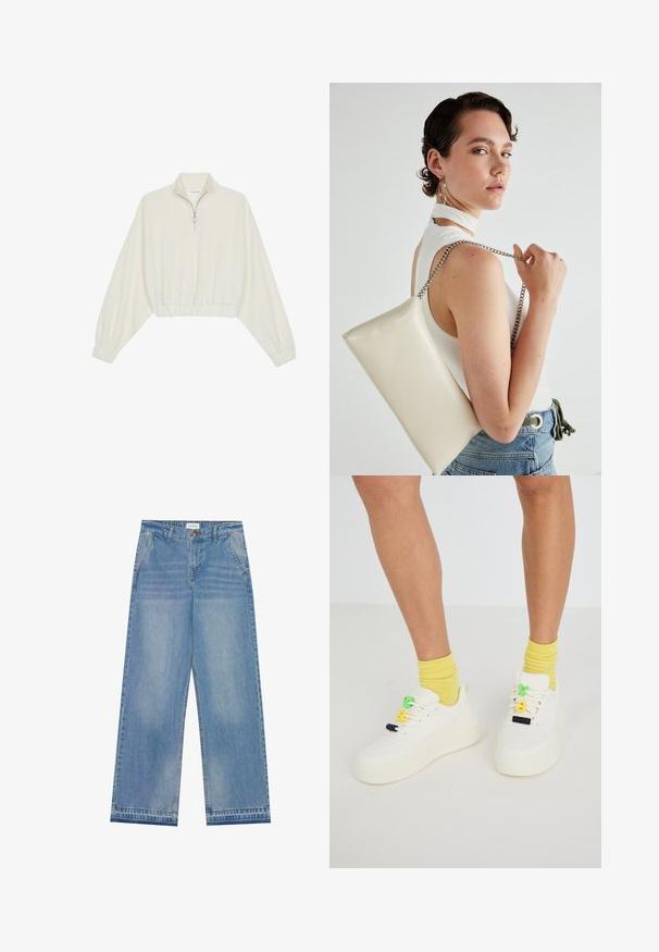 Kreemfarbenest lühikese varrukaga kudum, millel on kõrge kaelus, pool tõmblukk, elastne allosa ja varrukad, sile tekstuur ja minimaalne disain.; Heledu sinine kõrge vöökoht ja laia säärega teksapüksid nupuga kinnitamisel, ees taskud, vöörihmade aasad ja õrnalt kulunud detailid.; Valged sneakers paksu tallaga, millel on värvilised paelaaktsendid rohelises, kollases ja mustas. Ühildatud kollaste ribasokkidega.; Valge ristkülikuline kotti, mis on valmistatud läikivast materjalist, hõbedase ahelsangaga. Mudel poseerib, tutvustades kotti ühtlase taustaga.