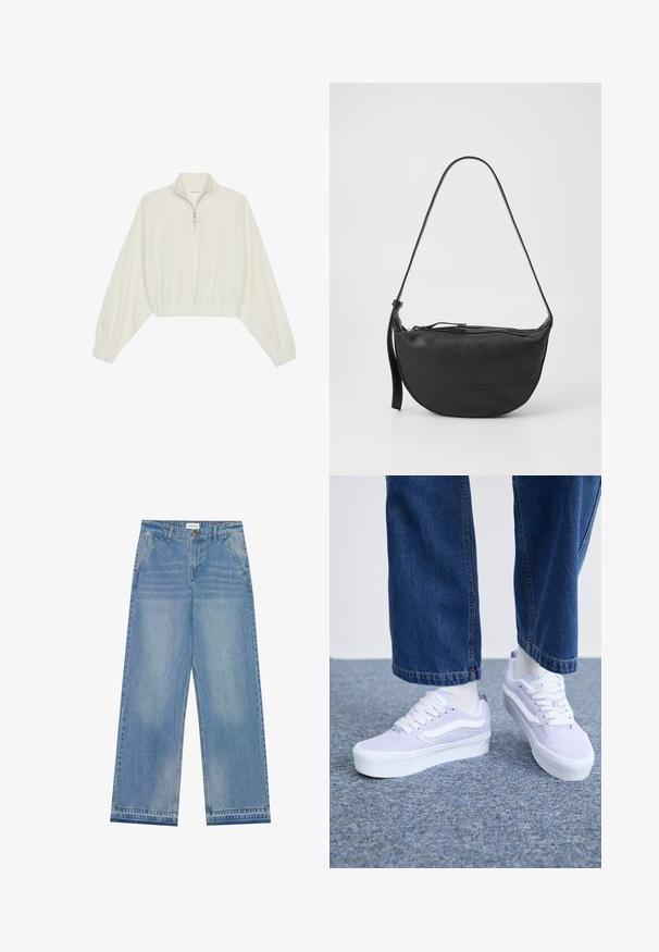 Gerippter Pullover aus cremefarbener Baumwolle mit hohem Kragen, halbem Reißverschluss, elastischen Säumen und Bündchen, glatter Textur und minimalistischem Design.; Helle blaue hochgeschnittene Schlagjeans mit Knopfverschluss, Fronttaschen, Gürtelschlaufen und subtilen Ausbleichungen.; Helle lila Wildlederschuhe mit weißen Akzenten, flachen Schnürsenkeln und einer dicken weißen Sohle, getragen mit hellen Socken und lockeren Jeanshosen.; Schwarze Leder-Schultertasche mit geschwungener Form, einem einzelnen Tragegurt, Reißverschlussverschluss und dezenten Nähdetails entlang des Körpers.