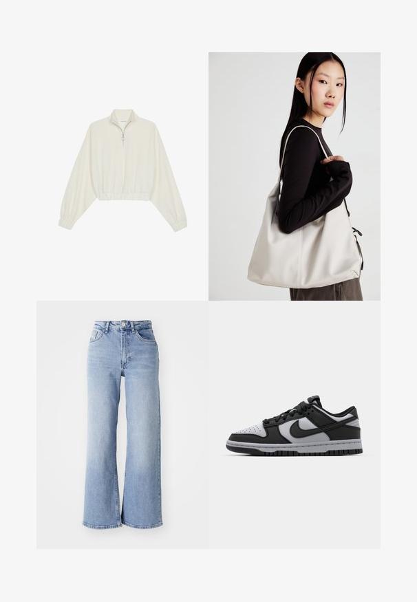 Kreminės spalvos trumpas megztinis, turintis aukštą apykaklę, pusiau užtrauktuką, elastinį apačią irRankovių kraštus, su lygiu paviršiumi ir minimalizuotu dizainu.; Šviesiai mėlynos aukšto liemens plačius džinsus su priekiniais ir galiniais kišenėmis, mygtuko uždarymu ir subtiliu blukimu ant šlaunų bei apačių.; Juoda ir pilka Nike Dunk žemo profilio sportbačiai su perforuotu pirštu, lygios odos akcentais ir guma pagaminta sole, turinčia tekstūruotą pado modelį.; Bežinė rankinė, pagaminta iš minkštos medžiagos, turinti laisvą dizainą, siuvinėtas detalės ir dvi petnešos. Tinkama kasdieniam naudojimui.