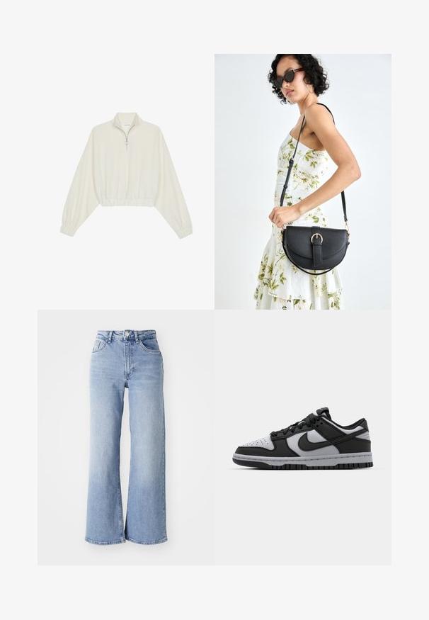 Kort genser i kremfarget stoff, med høy krage, halv glidelås, elastisk nederste kant og mansjetter, med en glatt tekstur og minimalistisk design.; Lyseblå høyt liv vide jeans med front- og baklommer, knappelukking og subtile falminger på lårene og kanten.; Sorte og grå Nike Dunk low-top sneakers med perforert tå, glatte lærdetaljer og gummihæl med strukturert sålemønster.; Svart lærveske med en buet form, avtagbar stropp og gullbeslag. Vesken har et klaff med spenne-detall.