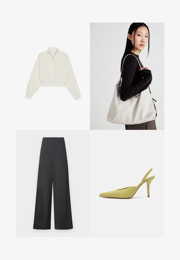 Zkrácený svetr z krémové látky, který má vysoký límec, poloviční zip, elastický spodní lem a manžety, hladkou texturu a minimalistický design.; Vysoké široké kalhoty v tmavě šedé tkanině s hladkou texturou. Nemají viditelné kapsy ani ozdoby.; GIABORGHINI OCTAVIE - Lodičky na vysokém podpatku - green; Beige kabelka vyrobená z měkkého materiálu, s volným designem, prošívanými detaily a dvěma ramenními popruhy. Vhodná pro každodenní použití.