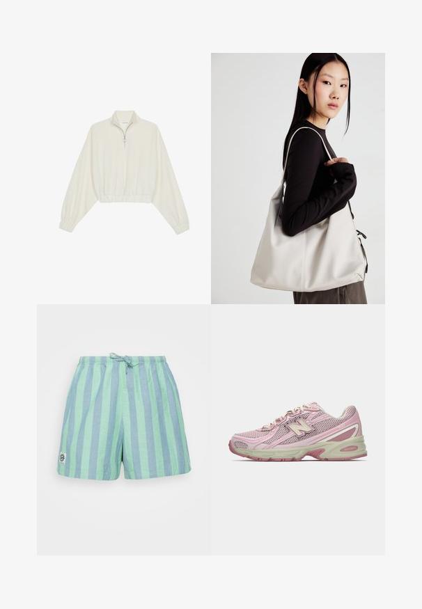 Kreptais pusītes džemperis krēmkrāsā, ar augstu apkakli, puszipa aizdari, elastīgu apakšmalu un aprocēm, ar gludu tekstūru un minimālistisku dizainu.; Svītraini šorti mentas zaļā un gaiši zils, ar elastīgu jostasvietu un aukliņu, kā arī nelielu logo uzlīmi apakšējā kreisajā malā.; Rozā un biskvītu krāsas New Balance 740 apavi ar tīkla un sintētisko augšdaļu, sasaistes aizdare un mīkstināta zole parādīta sānu profilā.; Bežs rokassoma, izgatavota no mīksta materiāla, ar brīvu dizainu, izšūtu apdari un divām plecu siksnām. Piemērota ikdienas lietošanai.