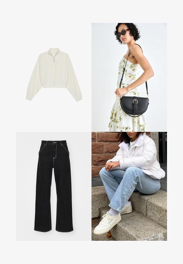 Kort genser i kremfarget stoff, med høy krage, halv glidelås, elastisk nederste kant og mansjetter, med en glatt tekstur og minimalistisk design.; Svarte vide jeans laget av denim, med kontrasterende hvite sømmer og en frontknapplukking, samt to skrå frontlommer.; Hvitt puffjakke med høy krage, lyseblå denimjeans og hvite Reebok-sneakers. Teksturert steintrapp i bakgrunnen.; Svart lærveske med en buet form, avtagbar stropp og gullbeslag. Vesken har et klaff med spenne-detall.