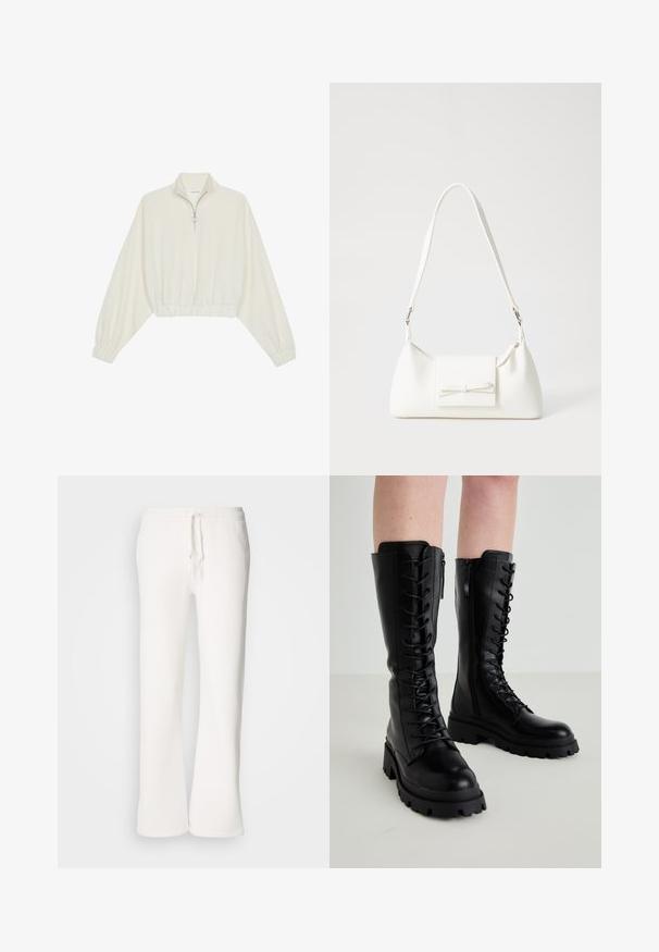 Pullover accorciato in tessuto crema, con colletto alto, chiusura a zip parziale, orlo e polsini elasticizzati, dalla texture liscia e design minimal.; Pantaloni della tuta bianchi, a vestibilità ampia, realizzati in tessuto morbido, con vita elastica dotata di laccetto e design a gamba dritta.; Stivali al ginocchio in pelle nera con chiusura a lacci sul davanti, zip laterale, suola in gomma chunky e dettagli testurizzati sulla parte superiore.; Borsa sintetica bianca a forma triangolare, con patta anteriore piatta e dettaglio a fiocco, tracolla regolabile, texture liscia e design minimalista.