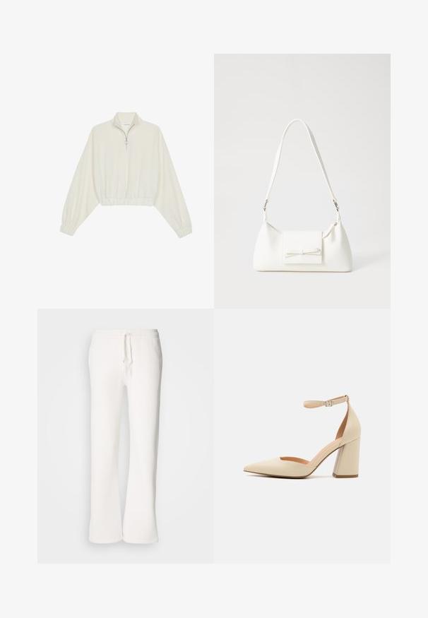 Kort genser i kremfarget stoff, med høy krage, halv glidelås, elastisk nederste kant og mansjetter, med en glatt tekstur og minimalistisk design.; Hvite, avslappede joggebukser laget av myk stoff, med elastisk liv med snor og rett ben-design.; Beige patent lær høyhælte pumps med spiss tå, ankelrem og chunky hæl. Glatt tekstur med minimale sømdetaljer.; Hvit syntetisk håndveske med trekantet form, flat klaff foran og sløyfe detaljer, justerbar stropp, glatt tekstur og minimalistisk design.