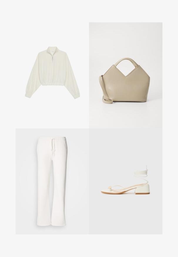 Geknipt pullover in crèmekleurige stof, met een hoge kraag, halve rits, elastische zoom en manchetten, met een soepele textuur en minimalistisch ontwerp.; Witte, relaxed-fit joggingbroek van zachte stof, met een elastische tailleband en een trekkoord, en een rechte pijp.; Witte sandaaltjes met hakken, vierkante hak, dunne bandjes en een ronde accent. Beschikt over een gestructureerde zool en een opgerolde vetersluiting rond de enkel.; Beige gestructureerde handtas met een V-vormige bovenkant, van glad leder, korte handvatten en een lange verstelbare schouderriem. Minimalistisch ontwerp.