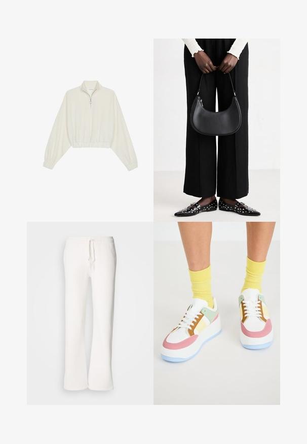 Cropped pullover in cream fabric, featuring a high collar, half-zip closure, elasticated hem and cuffs, with a smooth texture and minimal design.; White, relaxed-fit sweatpants made of soft fabric, featuring an elastic waistband with a drawstring and straight-leg design.; White sneaker with pastel accents in mint, pink, and yellow. Features a thick sole, perforated toe, and contrasting laces.; Black leather shoulder bag with a rounded shape, glossy finish, and silver hardware. Person wearing black wide-leg pants and studded loafers.