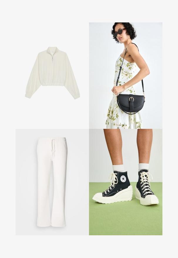 Kreptais pusītes džemperis krēmkrāsā, ar augstu apkakli, puszipa aizdari, elastīgu apakšmalu un aprocēm, ar gludu tekstūru un minimālistisku dizainu.; Baltas, brīvi pieguļoši sporta bikses, izgatavotas no mīkstas auduma, ar elastīgu jostu un aukliņu, kā arī taisna kāju dizainu.; Melnas augstās kedas ar paaugstinātu baltu platformas zoli, kas izceļas ar baltām šņorēm un apaļu logotipa plāksteri sānos. Tekstūrēts kanvas materiāls.; Melnas ādas rokassoma ar izliekta formu, noņemamu siksnu un zelta aksesuāriem. Somai ir vāciņš ar sprādzes detaļu.