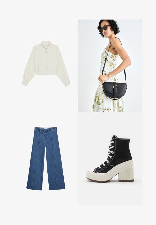 Zkrácený svetr z krémové látky, který má vysoký límec, poloviční zip, elastický spodní lem a manžety, hladkou texturu a minimalistický design.; Džíny s širokými nohavicemi v středně modré barvě, se zvýšeným pasem, knoflíkovým zapínáním a kontrastními vertikálními švy vpředu.; Černá vysoká obuv s bílými tkaničkami, texturovaná tkanina, krémová podešev na platformě a blokový podpatek. Obsahuje bílé prošívání a gumovou špičku.; Černá kožená kabelka s křivkovým tvarem, odnímatelným popruhem a zlatými detaily. Kabelka má klopu s přezkou.