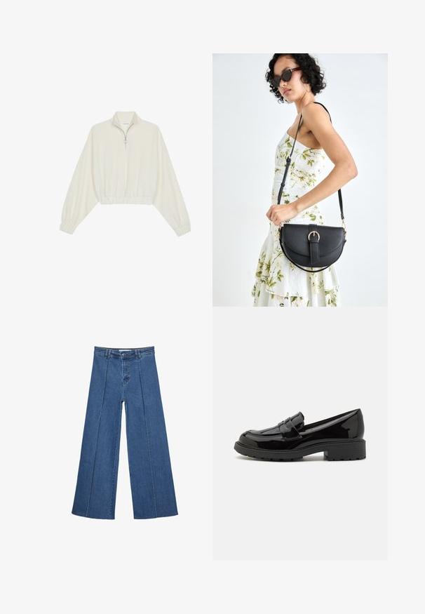 Cropped pullover in cream fabric, featuring a high collar, half-zip closure, elasticated hem and cuffs, with a smooth texture and minimal design.; Wide-leg denim jeans in medium blue, featuring a high waist, button closure, and contrasting vertical seam details along the front.; Black patent leather loafers with a rounded toe, decorative strap across the instep, and chunky rubber sole with tread pattern.; Black leather handbag with a curved shape, detachable strap, and gold hardware. The bag features a flap with a buckle detail.