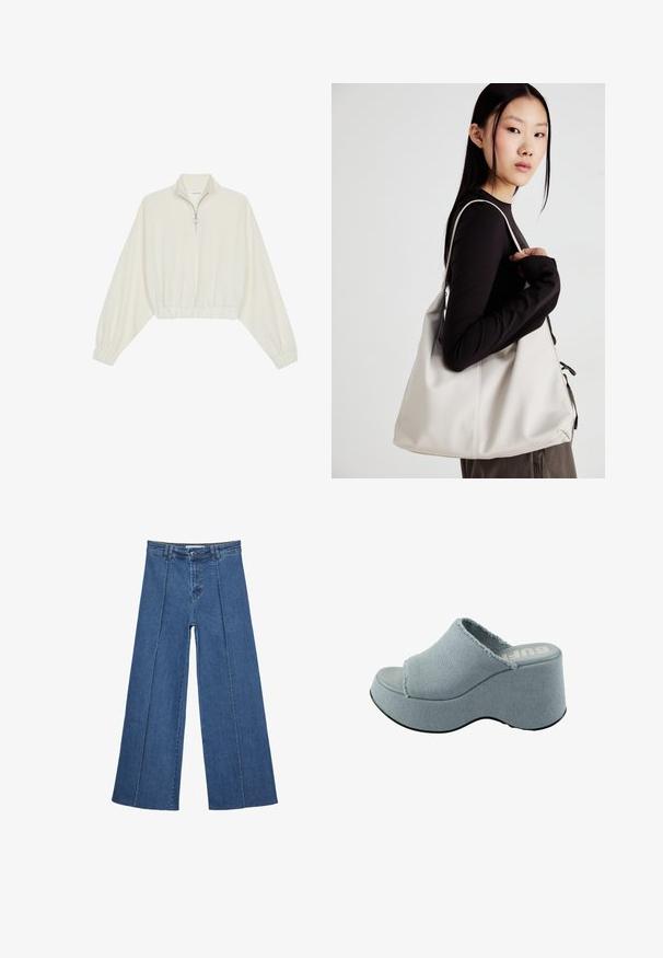 Skórzany pulower w kolorze kremowym, z wysokim kołnierzem, półzamkiem, elastycznym wykończeniem u dołu i mankietami, o gładkiej teksturze i minimalistycznym designie.; Jeans typu wide-leg w średnim niebieskim kolorze, z wysokim stanem, zapięciem na guziki oraz kontrastowymi szwami pionowymi z przodu.; Jasnoniebieskie sandały na platformie z frędzlami, z otwartym nosem, grubą, zaokrągloną podeszwą i teksturowaną szaro-skalną podeszwą.; Beżowa torebka wykonana z miękkiego materiału, charakteryzująca się luźnym fasonem, wyszywanymi detalami i dwoma uchwytami na ramię. Idealna na co dzień.