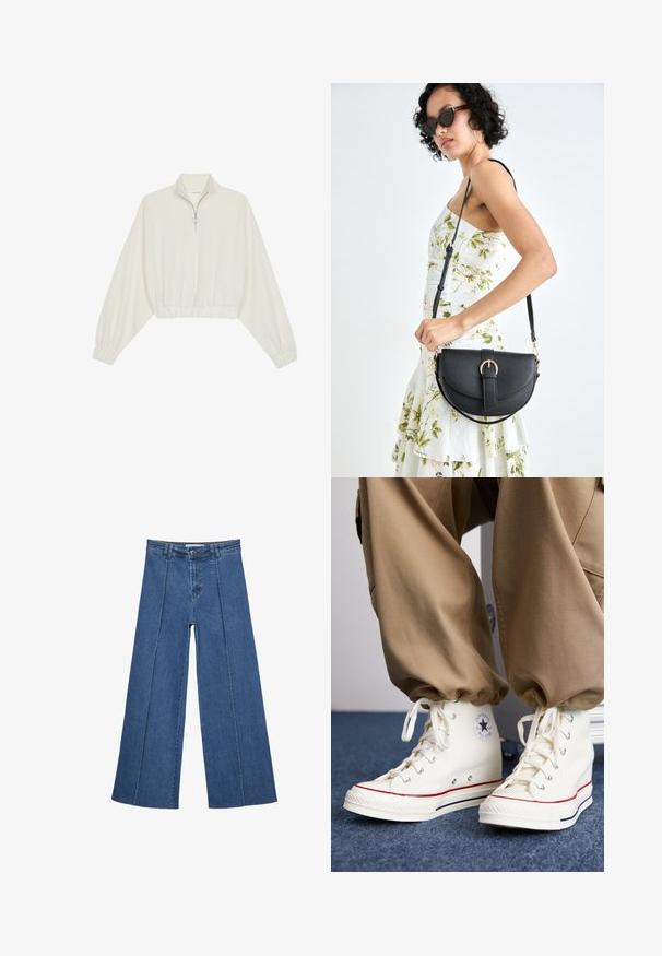Skórzany pulower w kolorze kremowym, z wysokim kołnierzem, półzamkiem, elastycznym wykończeniem u dołu i mankietami, o gładkiej teksturze i minimalistycznym designie.; Jeans typu wide-leg w średnim niebieskim kolorze, z wysokim stanem, zapięciem na guziki oraz kontrastowymi szwami pionowymi z przodu.; Białe, wysokie trampki wykonane z płótna z gumową podeszwą, z czarnym logo w kształcie gwiazdy oraz czerwonymi i granatowymi paskami.; Czarna skórzana torebka o zakrzywionym kształcie, z odpinanym paskiem i złotymi akcentami. Torebka posiada klapę z zapięciem w kształcie klamry.