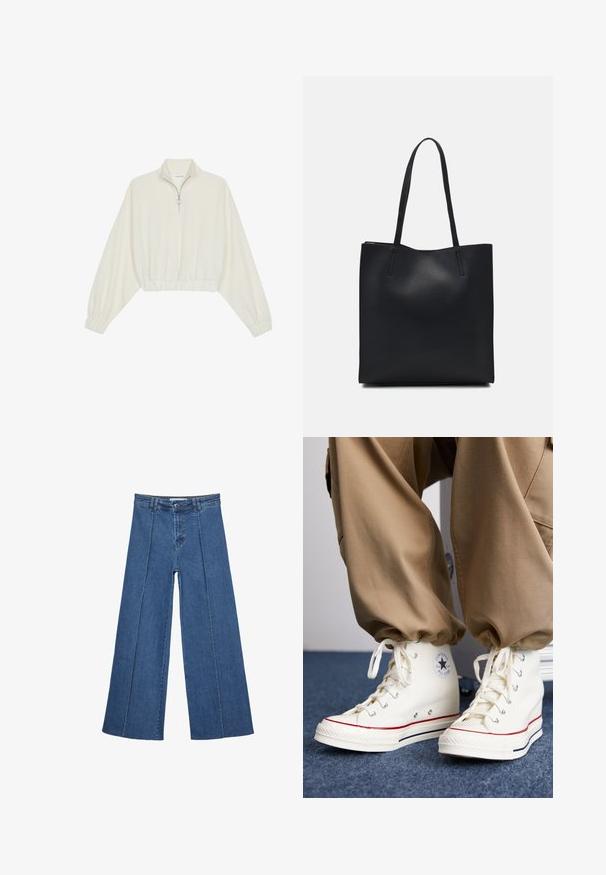 Skraćeni pulover od kremastog materijala, s visokim ovratnikom, zatvaranjem na polovicu munje, elastičnim rubom i manžetama, s glatkom teksturom i minimalnim dizajnom.; Široke traperice u srednje plavoj boji, s visokim strukom, zatvaranjem na dugme i kontrastnim vertikalnim šavovima duž prednje strane.; Bijele visoke tenisice od platna s gumenim potplatom, ukrašene crnom zvjezdom logom i crvenim i tamnoplavim prugama.; Crna kožna torba za nošenje s glatkom teksturom, pravokutnim oblikom i dvije duge ručke. Nema vidljivih metalnih dijelova ili ukrasa.