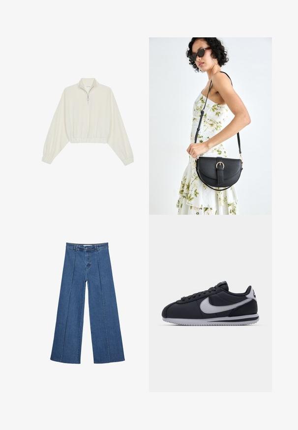 Skraćeni pulover od kremastog materijala, s visokim ovratnikom, zatvaranjem na polovicu munje, elastičnim rubom i manžetama, s glatkom teksturom i minimalnim dizajnom.; Široke traperice u srednje plavoj boji, s visokim strukom, zatvaranjem na dugme i kontrastnim vertikalnim šavovima duž prednje strane.; Crne atletske cipele sa sivim detaljima, glatki sintetički gornji deo, teksturirana potplat, zaobljenog vrha i ravne vezice. Klasičan dizajn sa detaljima logotipa.; Crna kožna torba s lukovitim oblikom, odvojivim remenom i zlatnim detaljima. Torba ima preklop s kopčom.