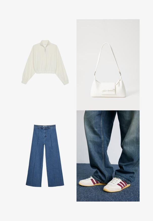 Kratka pulover v kremnem blagu, z visokim ovratnikom, pol-zadrgo, elastičnim robom in manšetami, z gladko teksturo in minimalističnim oblikovanjem.; Jeans širokih nogavic v srednji modri barvi, z visokim pasom, gumbom in kontrastnimi navpičnimi šivi spredaj.; Bele superge z maroon črtami, teksturirano usnje in mrežica, v kombinaciji z ohlapnimi modrimi jeans hlačami. Mehki gumijasti podplati, sproščen stil.; Bela sintetična torbica v obliki trikotnika, z ravnim sprednjim poklopcem in detajlom mašne, nastavljivim trakom, gladko teksturo in minimalističnim dizajnom.