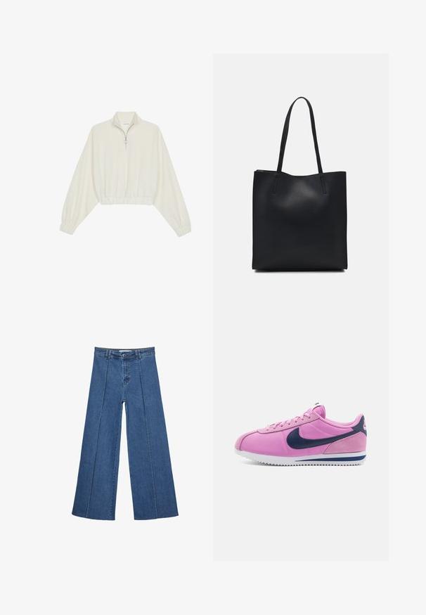 Skraćeni pulover od kremastog materijala, s visokim ovratnikom, zatvaranjem na polovicu munje, elastičnim rubom i manžetama, s glatkom teksturom i minimalnim dizajnom.; Široke traperice u srednje plavoj boji, s visokim strukom, zatvaranjem na dugme i kontrastnim vertikalnim šavovima duž prednje strane.; Roza tenisica s gornjim dijelom od suede i tekstila, mornarsko plava oznaka, okrugli vrh, ravne vezice i bijela potplat s protukliznim svojstvima. Klasičan retro dizajn.; Crna kožna torba za nošenje s glatkom teksturom, pravokutnim oblikom i dvije duge ručke. Nema vidljivih metalnih dijelova ili ukrasa.