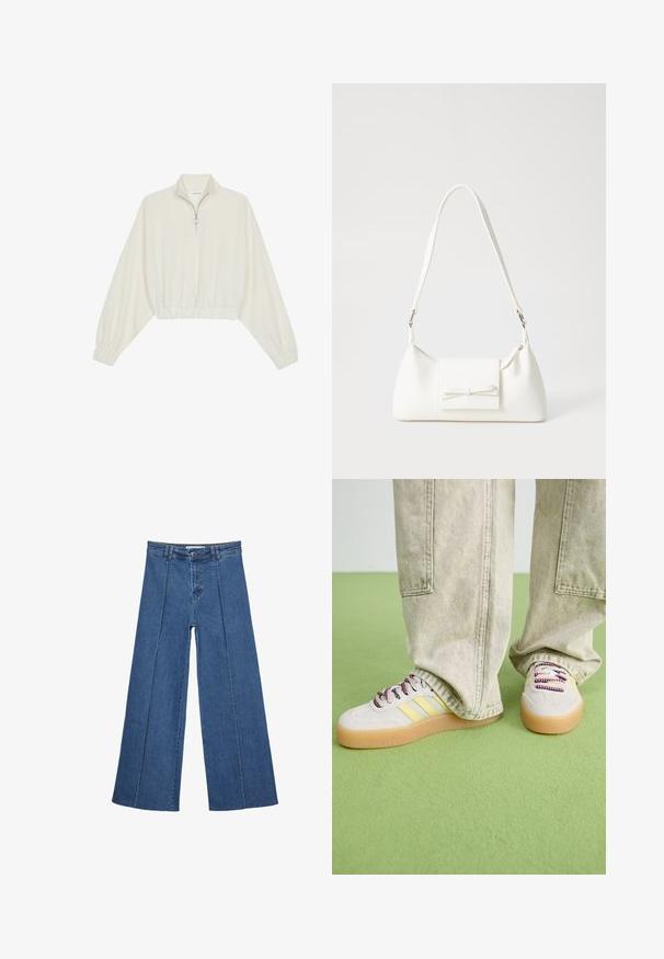 Skraćeni pulover od kremastog materijala, s visokim ovratnikom, zatvaranjem na polovicu munje, elastičnim rubom i manžetama, s glatkom teksturom i minimalnim dizajnom.; Široke traperice u srednje plavoj boji, s visokim strukom, zatvaranjem na dugme i kontrastnim vertikalnim šavovima duž prednje strane.; Tenisice imaju gornji deo od svijetlosive antilop kože, tri žute pruge i višebojne vezice. Guma potplat za prianjanje. Nositi uz svijetlosive hlače.; Bijela sintetička torbica s trokutastim oblikom, ravnim prednjim poklopcem i detaljem u obliku mašne, podesivom remenom, glatkom teksturom i minimalističkim dizajnom.