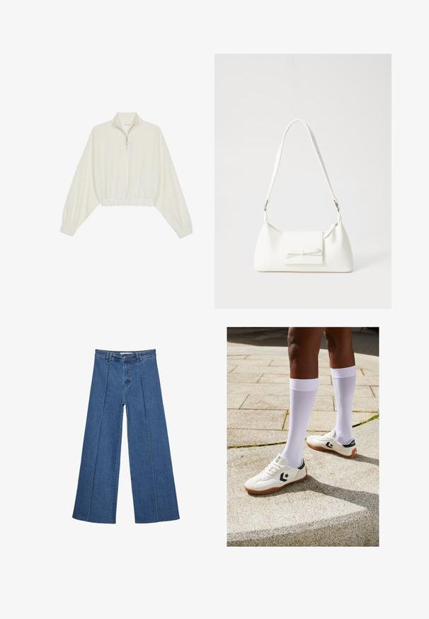 Pullover accorciato in tessuto crema, con colletto alto, chiusura a zip parziale, orlo e polsini elasticizzati, dalla texture liscia e design minimal.; Jeans in denim a gamba larga di blu medio, con vita alta, chiusura con bottone e dettagli delle cuciture verticali a contrasto lungo la parte anteriore.; Scarpe da ginnastica bianche con superficie texturizzata, dettagli neri e suola in gomma marrone, abbinate a calze bianche sopra il ginocchio.; Borsa sintetica bianca a forma triangolare, con patta anteriore piatta e dettaglio a fiocco, tracolla regolabile, texture liscia e design minimalista.