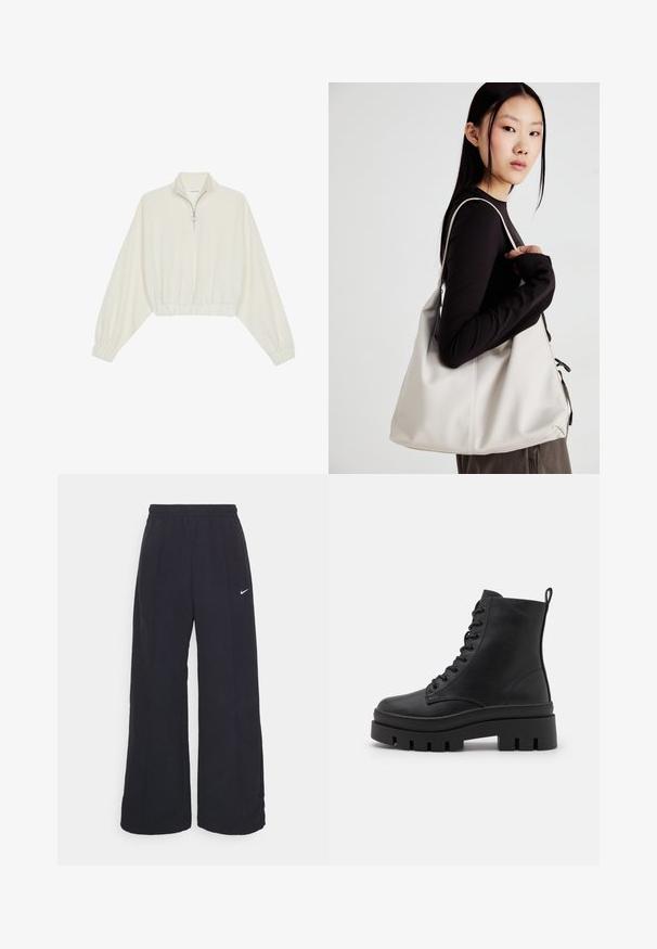 Cropped pullover in cream fabric, featuring a high collar, half-zip closure, elasticated hem and cuffs, with a smooth texture and minimal design.; Black wide-leg pants with an elastic waistband and a small white Nike logo. Fabric has a smooth texture, designed for comfort and casual wear.; Even&Odd Wide Fit Platform ankle boots - black; Beige handbag made of soft material, featuring a slouchy design, stitched detailing, and two shoulder straps. Suitable for everyday use.