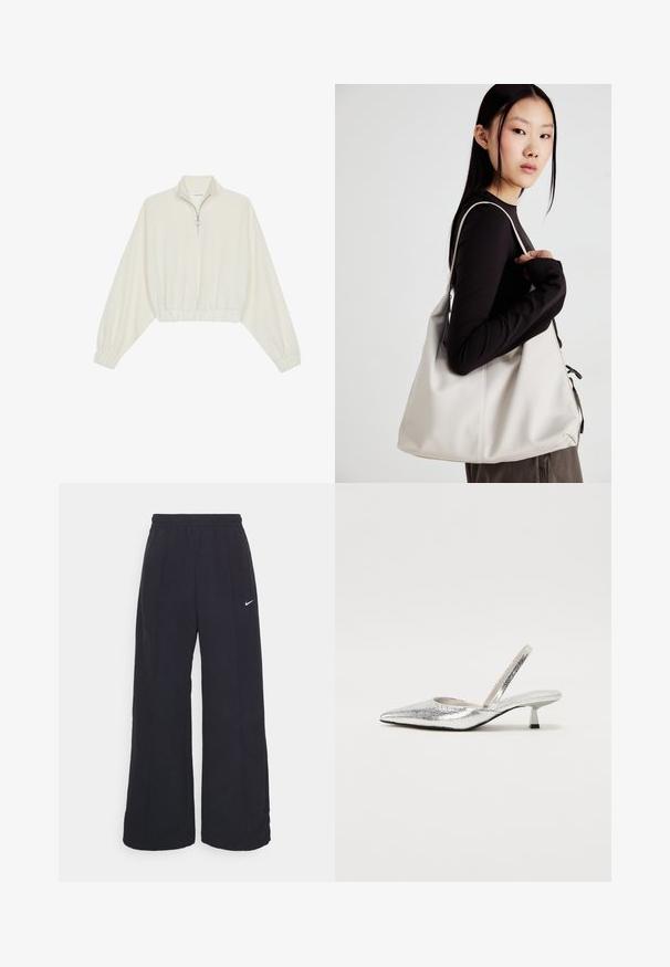 Pullover court en tissu crème, avec un col haut, fermeture éclair à mi-hauteur, ourlet et poignets élastiqués, offrant une texture lisse et un design minimaliste.; Pantalons larges noirs avec une taille élastique et un petit logo Nike blanc. Le tissu a une texture lisse, conçu pour le confort et un style décontracté.; Escarpin argenté à talon slingback avec bout pointu, texture scintillante, petit talon et découpe pour la sangle de cheville. Forme élégante et moderne.; Sac à main beige en matériau souple, avec un design décontracté, des détails cousus et deux poignées. Idéal pour un usage quotidien.