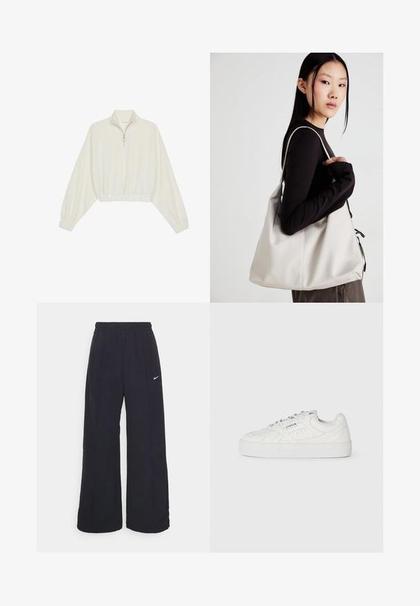 Zkrátený pulover z krémového materiálu, s vysokým golierom, polovičným zipsom, elastickým lemom a manžetami, s hladkou textúrou a minimalistickým dizajnom.; Čierne široké nohavice s elastickým pásom a malým bielym logom Nike. Tkanina má hladkú textúru, navrhnutá pre pohodlie a neformálne nosenie.; Biele nízke tenisky s viazaním, perforovanými detailmi a potlačou "CPNHGN" na boku, na jednoduchom bielom pozadí.; Béžová kabelka vyrobená z mäkkého materiálu, s uvoľneným dizajnom, prišitými detailmi a dvoma popruhmi na nosenie na pleciach. Vhodná na každodenné nosenie.