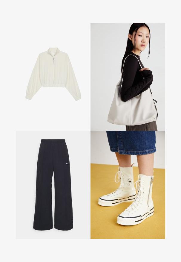 Cropped pullover in cream fabric, featuring a high collar, half-zip closure, elasticated hem and cuffs, with a smooth texture and minimal design.; Black wide-leg pants with an elastic waistband and a small white Nike logo. Fabric has a smooth texture, designed for comfort and casual wear.; White high-top sneakers featuring a zip closure, lace design, and black stripe accents on a thick sole. Textured canvas material.; Beige handbag made of soft material, featuring a slouchy design, stitched detailing, and two shoulder straps. Suitable for everyday use.