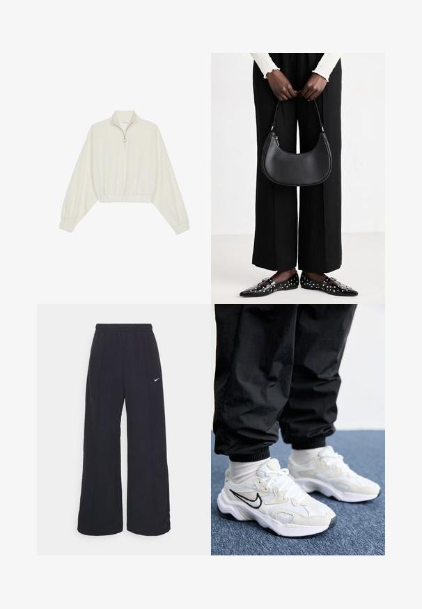 Pullover accorciato in tessuto crema, con colletto alto, chiusura a zip parziale, orlo e polsini elasticizzati, dalla texture liscia e design minimal.; Pantaloni neri a gamba larga con cintura elastica e un piccolo logo Nike bianco. Il tessuto ha una texture liscia, progettata per il comfort e l'abbigliamento casual.; Sneakers atletiche bianchi e grigio chiaro con una tomaia testurizzata, suola spessa e logo swoosh nero. Indossati con pantaloni jogger neri e calzettoni bianchi.; Borsa a spalla in pelle nera con forma arrotondata, finitura lucida e accessori in argento. Persona che indossa pantaloni ampi neri e mocassini con borchie.