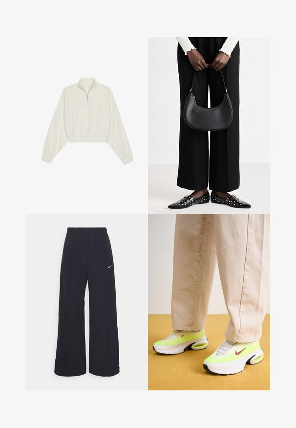 Pullover curto em tecido creme, apresentando um colarinho alto, fecho de meio zíper, bainha e punhos elásticos, com uma textura suave e design minimalista.; Calças largas pretas com um cós elástico e um pequeno logótipo branco da Nike. O tecido tem uma textura suave, projetado para conforto e uso casual.; Nike Sportswear AIR MAX PORTAL - Sapatilhas - summit white/bright crimson/white/volt/black; Bolsa de ombro de couro preta com forma arredondada, acabamento brilhante e ferragens prateadas. Pessoa vestindo calças largas pretas e mocassins com tachas.