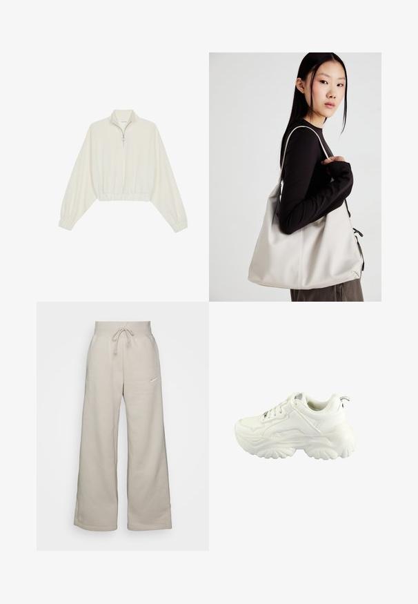 Pullover court en tissu crème, avec un col haut, fermeture éclair à mi-hauteur, ourlet et poignets élastiqués, offrant une texture lisse et un design minimaliste.; Pantalons de jogging larges beiges en tissu doux, dotés d'une taille élastiquée avec cordon de serrage et d'un petit logo blanc sur le côté gauche.; Baskets blanches avec un design chunky, une tige en synthétique lisse, un col rembourré et une semelle en caoutchouc texturé avec un motif en losange.; Sac à main beige en matériau souple, avec un design décontracté, des détails cousus et deux poignées. Idéal pour un usage quotidien.