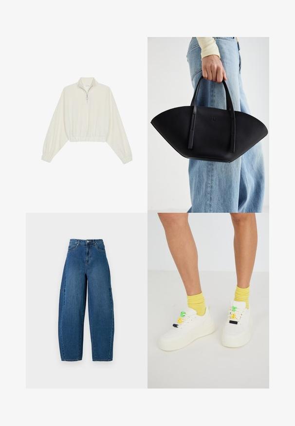 Pullover court en tissu crème, avec un col haut, fermeture éclair à mi-hauteur, ourlet et poignets élastiqués, offrant une texture lisse et un design minimaliste.; Jean en denim de teinte bleu moyen, présentant une taille haute, une coupe large et un design standard à cinq poches avec des détails de coutures visibles.; Baskets blanches à semelle épaisse, avec des lacets colorés en vert, jaune et noir. Portées avec des chaussettes rayées jaunes.; Sac à main en cuir noir avec une forme de éventail unique, doté de poignées plates. La surface présente une texture granuleuse et un design minimaliste.