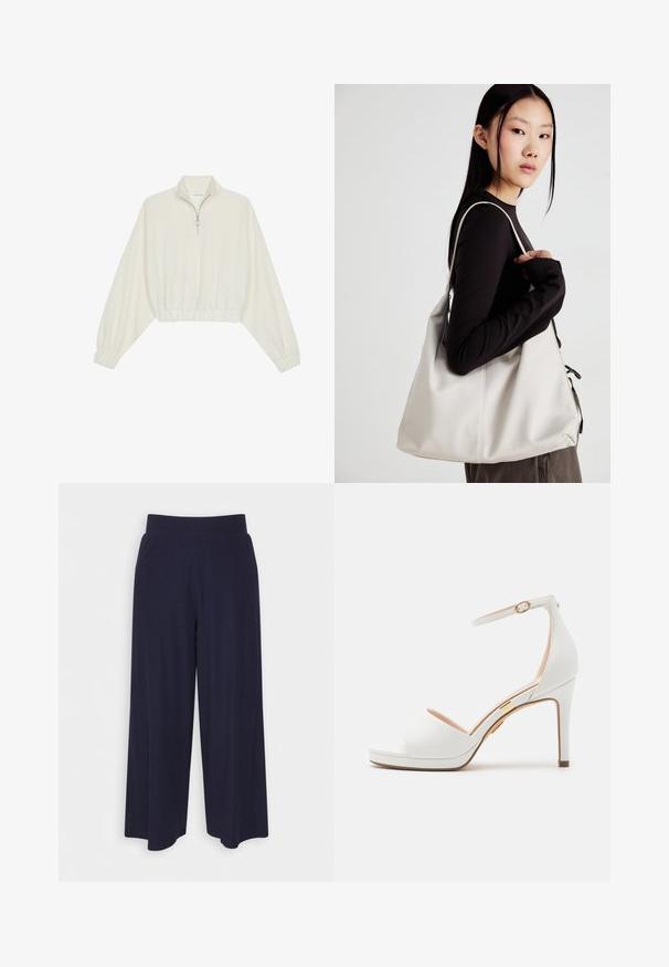 Skórzany pulower w kolorze kremowym, z wysokim kołnierzem, półzamkiem, elastycznym wykończeniem u dołu i mankietami, o gładkiej teksturze i minimalistycznym designie.; Spodnie o szerokich nogawkach w ciemnonawiwowym materiale z rdzeniowym wzorem. Posiadają gładki pas i luźny krój, sięgający do połowy łydki.; Białe skórzane sandały na wysokim obcasie z paskiem na kostkę, otwarte z przodu, gładka faktura oraz kontrastowa brązowa podeszwa, z akcentem w złotym kolorze.; Beżowa torebka wykonana z miękkiego materiału, charakteryzująca się luźnym fasonem, wyszywanymi detalami i dwoma uchwytami na ramię. Idealna na co dzień.