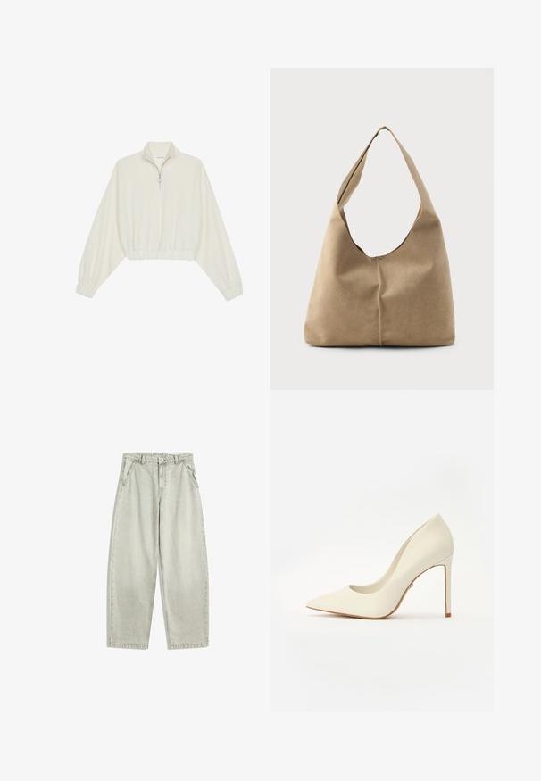 Cropped pullover in cream fabric, featuring a high collar, half-zip closure, elasticated hem and cuffs, with a smooth texture and minimal design.; Light grey denim jeans with a high waist, front button and zip, slanted side pockets, and wide straight legs.; White high-heeled pump with a pointed toe, smooth leather texture, and a slender stiletto heel. Minimalist design with subtle accents.; Hobo bag in soft beige suede with a slouchy shape, wide shoulder strap, and a hand-stitched seam detail along the front.