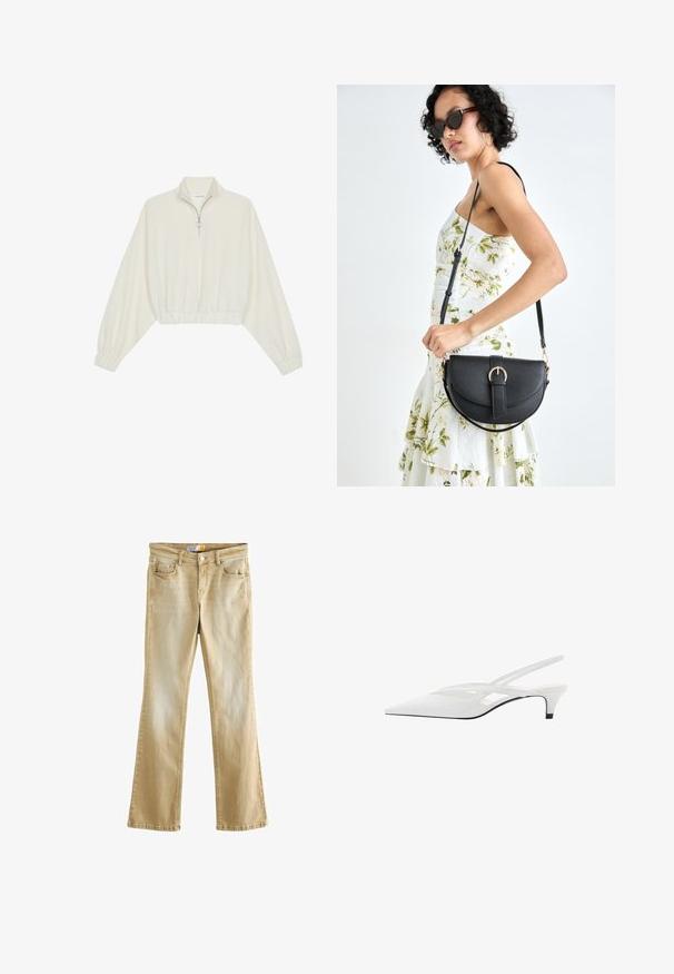 Gerippter Pullover aus cremefarbener Baumwolle mit hohem Kragen, halbem Reißverschluss, elastischen Säumen und Bündchen, glatter Textur und minimalistischem Design.; Next Jeans Bootcut - beige tinted; Weißer Slingback-Absatzschuh mit spitzer Zehenpartie, featuring ein glattes Obermaterial, subtile Ausschnitte und einen niedrigen Blockabsatz. Die schwarze Sohle betont das Design.; Schwarze Lederhandtasche mit geschwungener Form, abnehmbarem Tragegurt und goldenen Beschlägen. Die Tasche verfügt über einen Deckel mit einer Schnallen-Details.