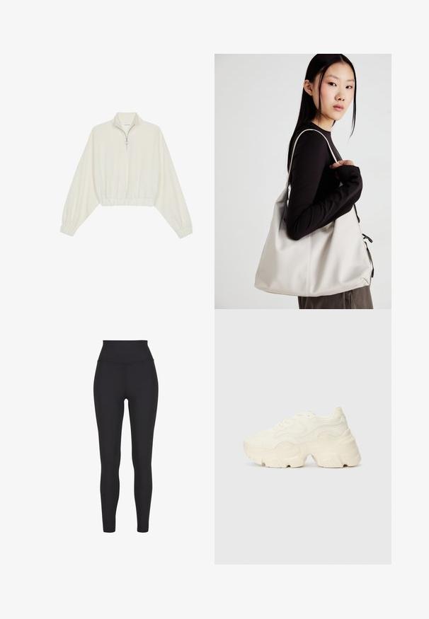 Skórzany pulower w kolorze kremowym, z wysokim kołnierzem, półzamkiem, elastycznym wykończeniem u dołu i mankietami, o gładkiej teksturze i minimalistycznym designie.; Czarne legginsy z wysokim stanem, wykonane z elastycznego materiału, o gładkiej fakturze i dopasowanym kroju bez widocznych szwów czy wzorów.; Podeszwa chunky białych sneakersów wykonana z teksturowanej siateczki i materiałów syntetycznych, z grubą podeszwą i skomplikowanymi detalami wzoru po bokach.; Beżowa torebka wykonana z miękkiego materiału, charakteryzująca się luźnym fasonem, wyszywanymi detalami i dwoma uchwytami na ramię. Idealna na co dzień.
