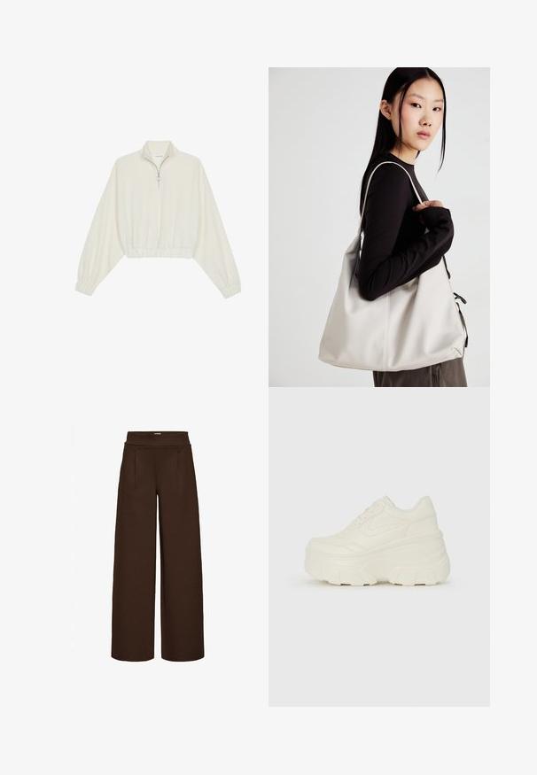Kreminės spalvos trumpas megztinis, turintis aukštą apykaklę, pusiau užtrauktuką, elastinį apačią irRankovių kraštus, su lygiu paviršiumi ir minimalizuotu dizainu.; Rudos plataus kirpimo kelnes, pagamintos iš lygios medžiagos, turinčios aukštą liemenį ir dvi priekines klostes, sukurtos laisvam prigludimui.; Baltos platformos sportbačiai su lygiu odos primenančiu paviršiumi, apvalia forma, paminkštintu apykakle ir tekstūruotu guminiu padu su ryškiais protektoriais.; Bežinė rankinė, pagaminta iš minkštos medžiagos, turinti laisvą dizainą, siuvinėtas detalės ir dvi petnešos. Tinkama kasdieniam naudojimui.