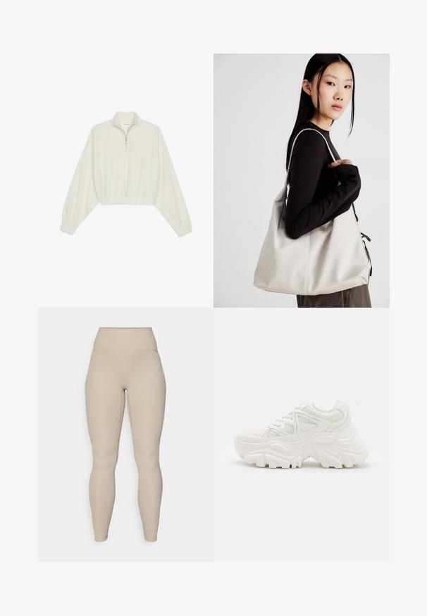 Cropped pullover in cream fabric, featuring a high collar, half-zip closure, elasticated hem and cuffs, with a smooth texture and minimal design.; Beige high-waisted leggings with a ribbed texture, featuring a smooth waistband and fitted legs, designed for comfort and flexibility.; White chunky sneakers featuring a textured upper, mesh panels, and thick rubber soles with prominent tread pattern. Laces and pull tab included.; Beige handbag made of soft material, featuring a slouchy design, stitched detailing, and two shoulder straps. Suitable for everyday use.