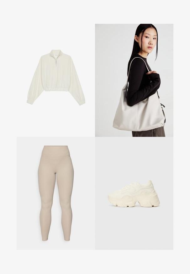 Cropped pullover in cream fabric, featuring a high collar, half-zip closure, elasticated hem and cuffs, with a smooth texture and minimal design.; Beige high-waisted leggings with a ribbed texture, featuring a smooth waistband and fitted legs, designed for comfort and flexibility.; Chunky white sneakers made of textured mesh and synthetic materials, featuring a thick sole and intricate pattern details along the sides.; Beige handbag made of soft material, featuring a slouchy design, stitched detailing, and two shoulder straps. Suitable for everyday use.